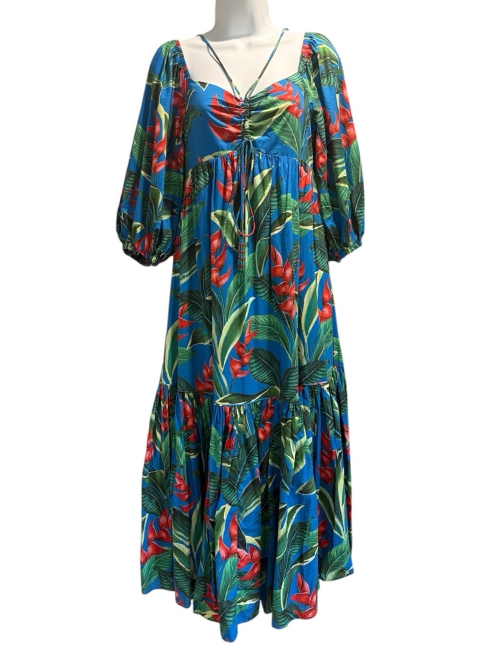 Farm Rio Dream Garden tropical floral puff sleeve tiered cotton Midi Dress XS - Picture 5 of 14